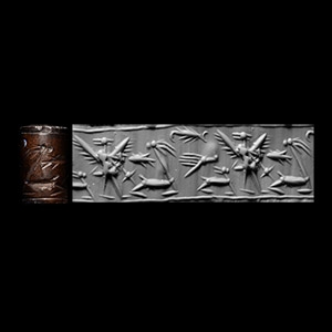 Mitanni Brown Hematite Cylinder Seal with Winged Birds