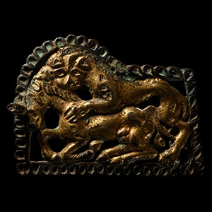 Central Asian Silver-Gilt Belt Buckle with Attack Scene
