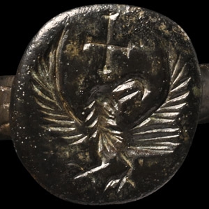 Byzantine Bronze Ring with Bird and Cross