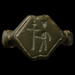 Norman Period Bronze Ring with Figure Holding Long Cross