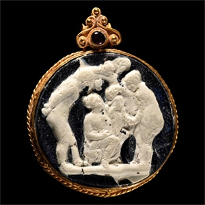 Roman Glass Cameo Tondo with Baby Dionysos, Raised by Nymphs on Mount Nysa, in Gold Pendant Setting