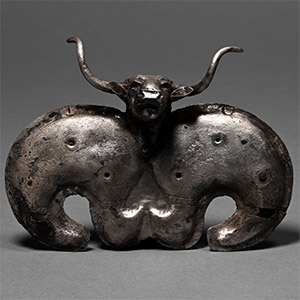 Large Proto-Elamite Silver Pendant with Bulls Head