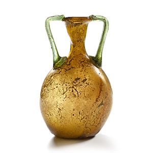 Roman Honey and Green Double-Handled Glass Pilgrims Flask