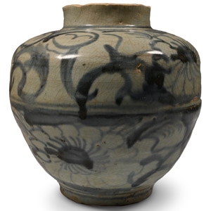 Chinese Yuan Glazed Blue and White Jar with Peony Design