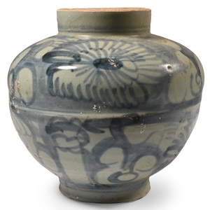 Chinese Yuan Glazed Blue and White Jar with Peony Design