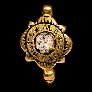 Tudor Period Enamelled Gold Memento Mori Ring with Skull