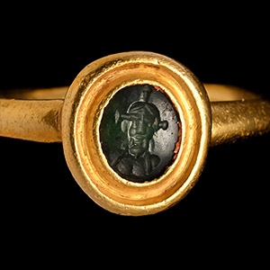 Large Byzantine Gold Ring with Christ Engraved on a Green Chalcedony Gemstone
