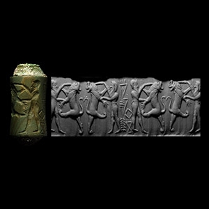 Akkadian Green Jasper Cylinder Seal with Hero