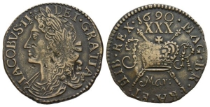 Ireland. Stuart, James II AE Halfcrown.