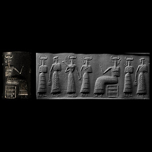 Large Akkadian Black Stone Cylinder Seal with Figures