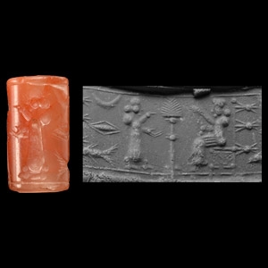 Neo-Assyrian Carnelian Cylinder Seal with Worship Scene