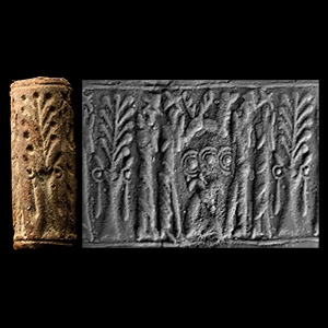 Mitanni Faience Cylinder Seal with Worship Scenes