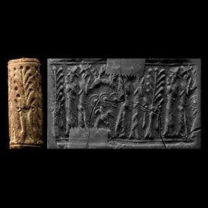 Mitanni Faience Cylinder Seal with Worship Scenes
