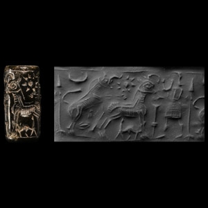 Neo-Assyrian Black Stone Cylinder Seal with Bull and Cow