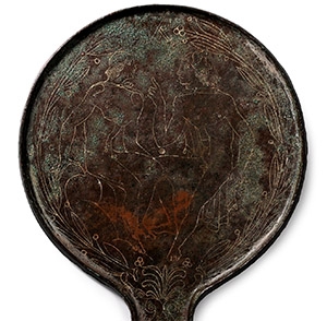 Etruscan Bronze Mirror Depicting Two Male Figures
