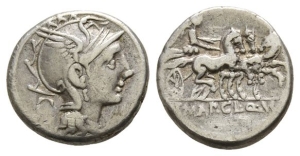 T. Manlius Mancinus, Appius Claudius Pulcher, and Q. Urbinius AR Denarius.