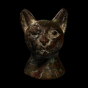 Egyptian Bronze Cat Head with Incised Scarab