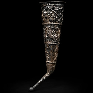 Greek Silver Rhyton with Mythological Scenes and Glass Inlays