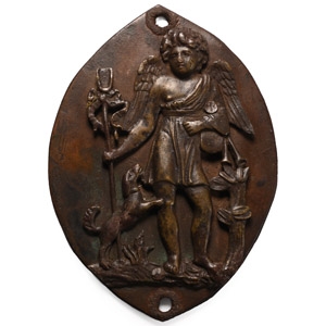 Post Medieval Bronze Vesica-Shaped Plaque with Saint