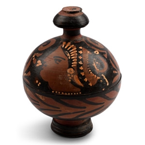 Greek Apulian Black-Glazed Lidded Pyxis with Lady of Fashion