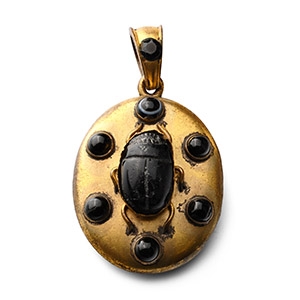 Egyptian Black Stone Scarab in Gilt Bronze Memorial Locket