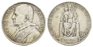 Italy. Papale (Stato della Città del Vaticano), Pius XI AR 10 Lire.