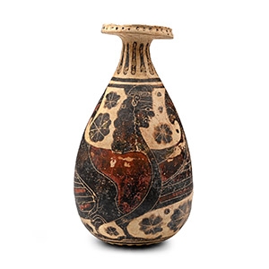 Greek Corinthian Aryballos with Winged Deity and Swan