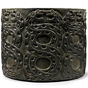 Large Bactrian Black Chlorite Vessel with Opposing Pairs of Serpents