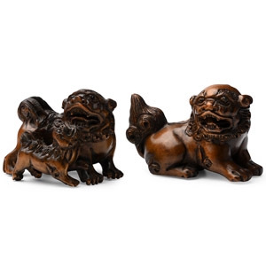 Japanese Carved Wooden Foo Dog Pair
