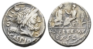 L. Calpurnius Piso Caesoninus and Q. Servilius Caepio AR Denarius.