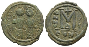 Justin II and Sophia AE 40 Nummi or Follis.