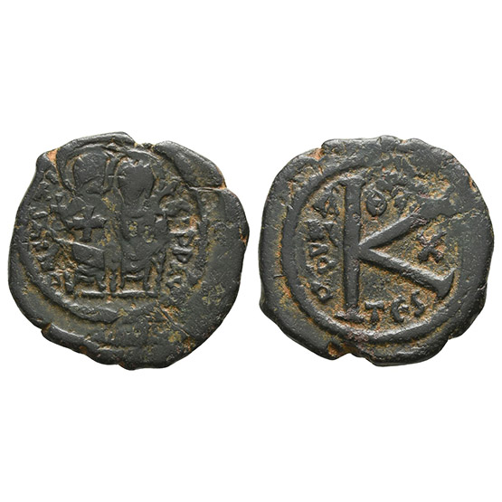 Justin II and Sophia AE 20 Nummi or Half Follis.