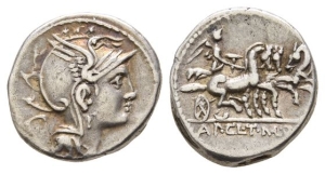 Appius Claudius Pulcher, T. Manlius Mancius, and Q. Urbinius AR Denarius.
