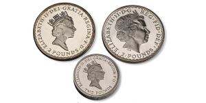 Group of Three [3] Boxed Britannia and Piedfort AR Proof 2 Pound Coins.