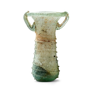 Roman Two-Handled Cylindrical Glass Flask with Trailing