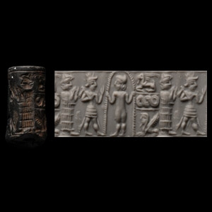 Western Asiatic Haematite Cylinder Seal with Worship Scene