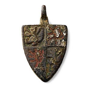 Medieval Enamelled Gilt Bronze Heraldic Horse Harness Pendant for Philippa of Hainault, Queen of Edward III
