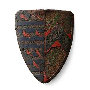 Large Medieval Knights Enamelled Bronze Heraldic Plaque with the Arm of the Valance Family, Earls of Pembroke and those of the Barons of Cobham in Kent