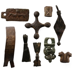 Medieval Bronze Artefact Group including Pocket Sundial Bar