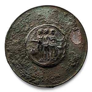 Large Roman Bronze Mirror with Three Graces Silver Plaque