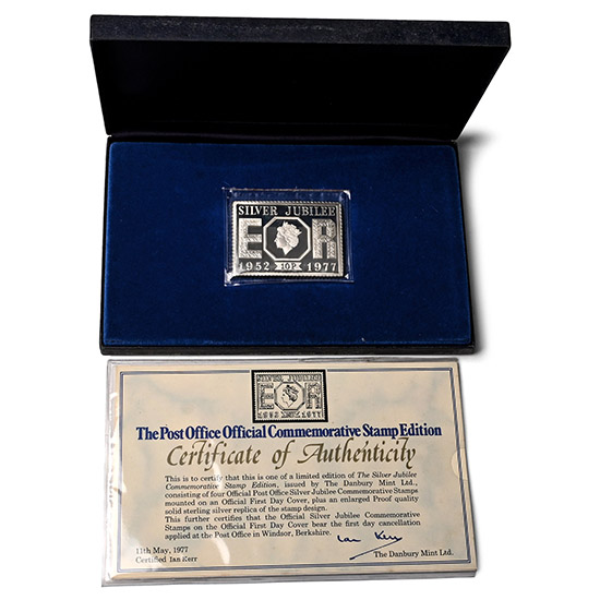 The Post Office Official Silver Jubilee Commemorative Stamp Edition Silver Ingot and First Day Cover.