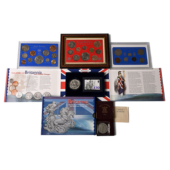 Great Britain. Group of Five [5] Windsor, Elizabeth II Commemorative Coin Sets and Proof Crown.