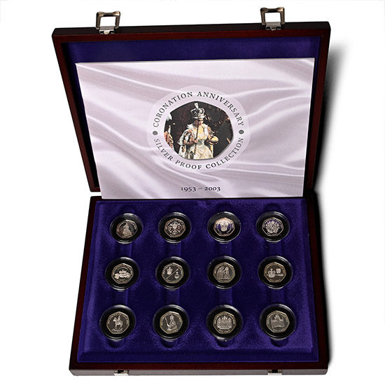 Great Britain. Windsor, Elizabeth II Coronation Anniversary [12] Silver Proof 50 Pence Coin Set.