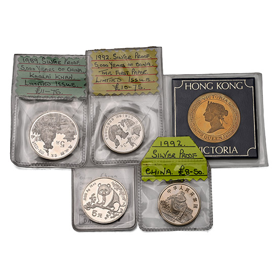 China and Hong Kong. Group of Five [5] Silver Proof Coins and Others.