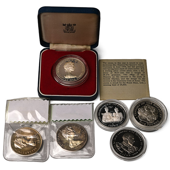 Guernsey, Group of Six [6] Gibraltar and Isle of Man Silver Proof and Other Coins.