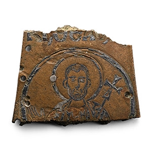 Byzantine Bronze Processional Cross Fragment with Inlaid Silver Bust