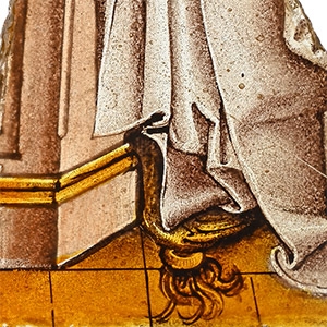 Medieval Stained Glass Fragment with Draperies and Prie Dieu of the Virgin of the Annunciate