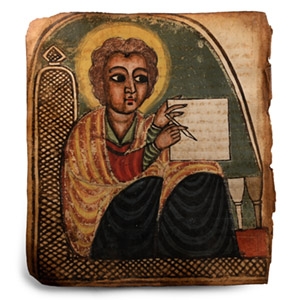 Large Ethiopian Gospel Manuscript Page with Evangelist Portrait