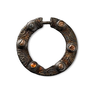Medieval Bronze Turret Ring Brooch with Cabochons