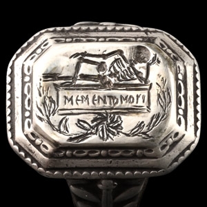 Georgian Silver Memento Mori Ring with Skeleton Reclining on a Coffin